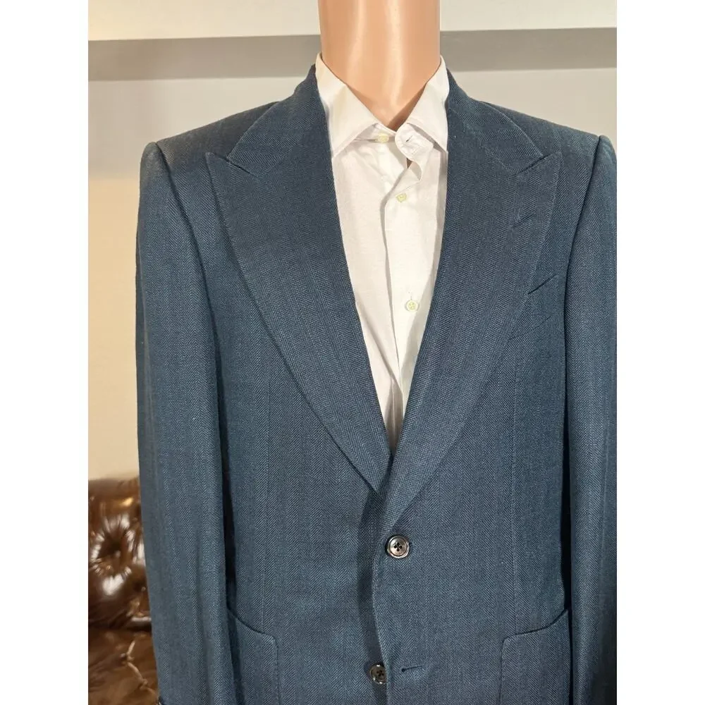Tom Ford Teal Herringbone Silk Mohair Blazer Sportcoat 40R Peak Lapel Windsor